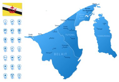 Seyahat bilgi simgeleriyle Brunei idari bölümlerinin mavi haritası. Vektör illüstrasyonu