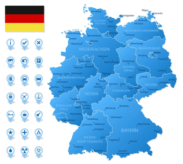 Mapa Azul Alemania Divisiones Administrativas Con Iconos Infografía Viajes Ilustración — Vector de stock