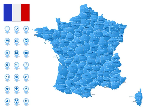 带有旅行信息图标的法国行政区划蓝色地图 矢量说明 — 图库矢量图片