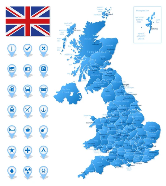Blue Map United Kingdom Administrative Divisions Travel Infographic Icons Vector — Stock Vector