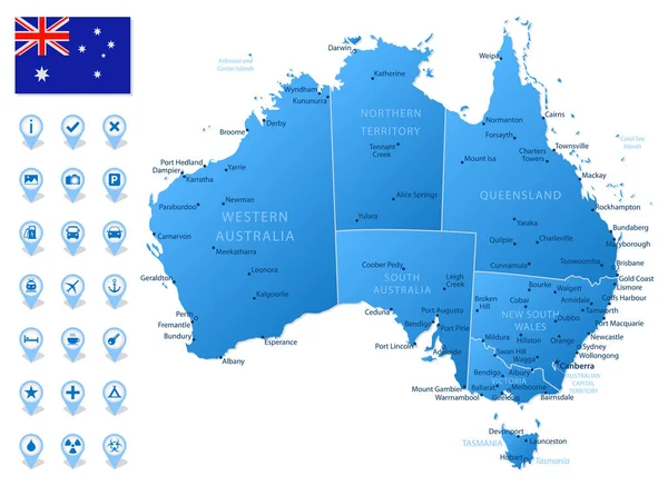 Blaue Karte Der Australischen Verwaltungseinheiten Mit Reiseinfografien Vektorillustration — Stockvektor