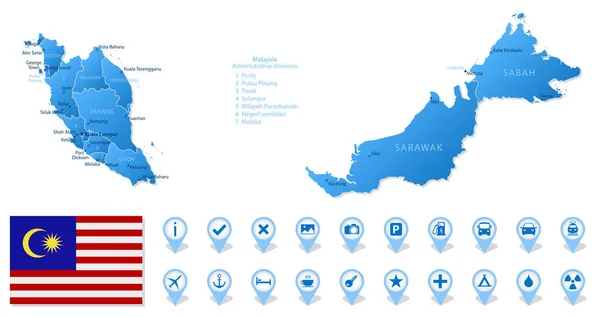 Blue Map Malaysia Administrative Divisions Travel Infographic Icons Vector Illustration — Stock Vector