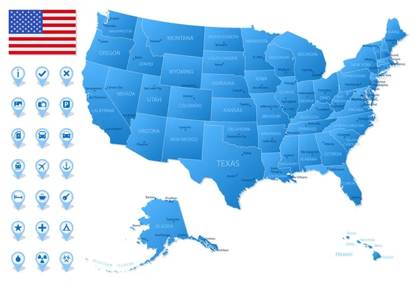 Carte Bleue Des Divisions Administratives Des États Unis Amérique Avec — Image vectorielle