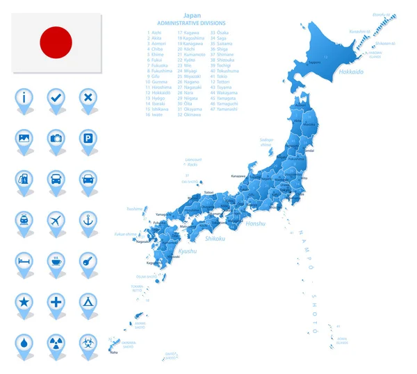 Mapa Azul Japón Divisiones Administrativas Con Iconos Infografía Viajes Ilustración — Archivo Imágenes Vectoriales