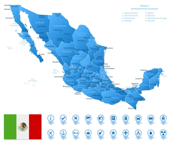 Синяя Карта Административного Деления Мексики Туристической Инфографикой Векторная Иллюстрация — стоковый вектор