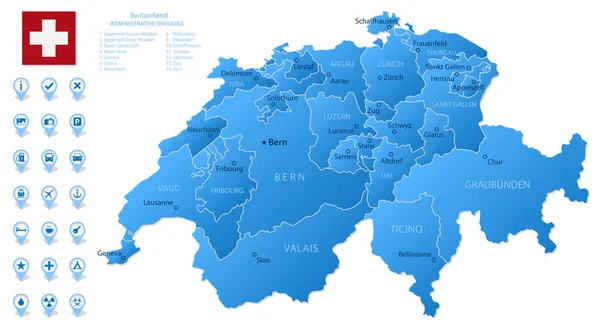 Seyahat bilgi simgeleriyle İsviçre idari bölümlerinin mavi haritası. Vektör illüstrasyonu