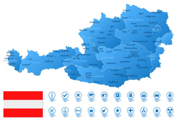 Mapa Azul Austria Divisiones Administrativas Con Iconos Infografía Viajes Ilustración — Archivo Imágenes Vectoriales