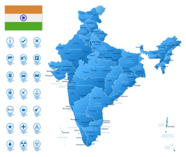 Mapa Azul Las Divisiones Administrativas India Con Iconos Infografía Viajes — Vector de stock
