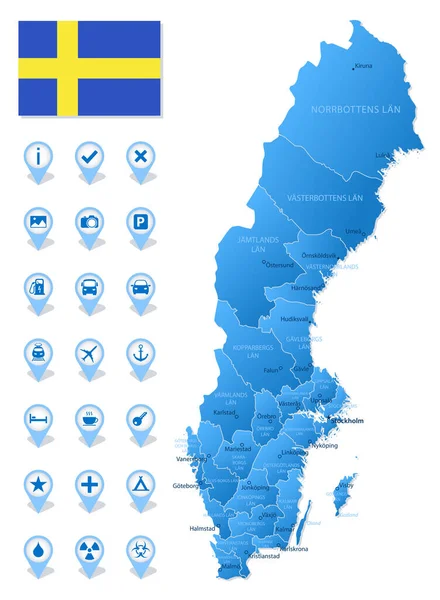 Modrá Mapa Švédských Administrativních Divizí Turistickými Informačními Ikonami Vektorová Ilustrace — Stockový vektor