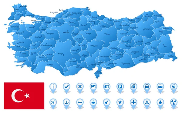 Türkiye Nin Seyahat Bilgi Simgelerine Sahip Idari Bölümlerinin Mavi Haritası — Stok Vektör