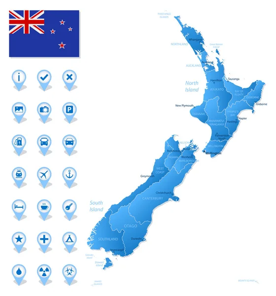 Zélandi Közigazgatási Egységek Kék Térképe Utazási Infografikai Ikonokkal Vektorillusztráció — Stock Vector