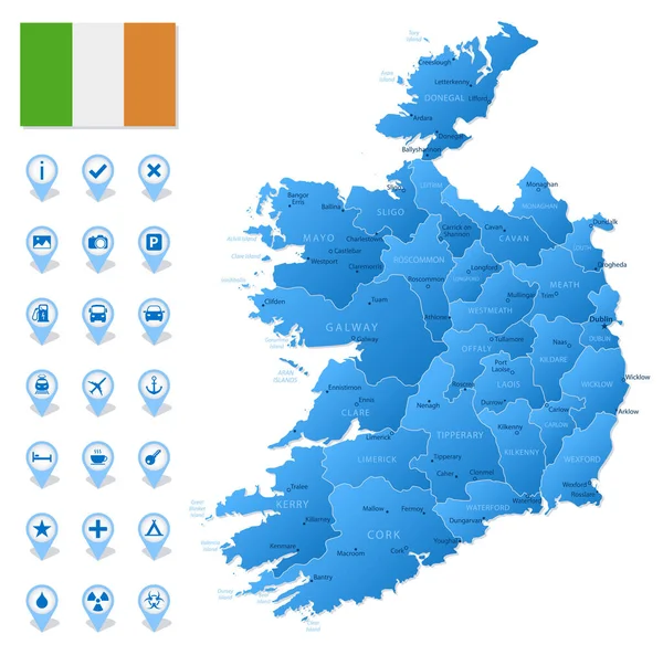 Mapa Azul Irlanda Divisiones Administrativas Con Iconos Infografía Viajes Ilustración — Vector de stock