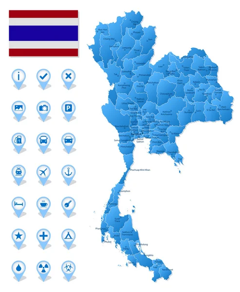 Mapa Azul Tailandia Divisiones Administrativas Con Iconos Infografía Viajes Ilustración — Vector de stock