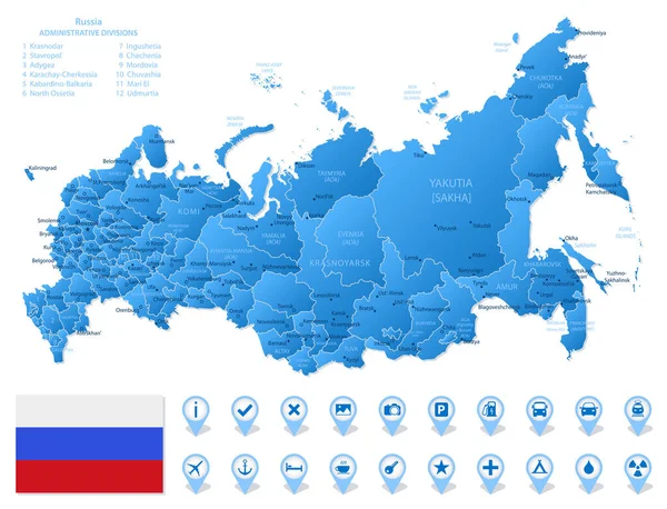 Mapa Azul Das Divisões Administrativas Federação Russa Com Ícones Infográficos — Vetor de Stock