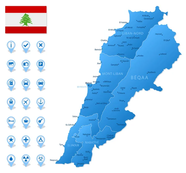 Mapa Azul Líbano Divisiones Administrativas Con Iconos Infografía Viajes Ilustración — Vector de stock