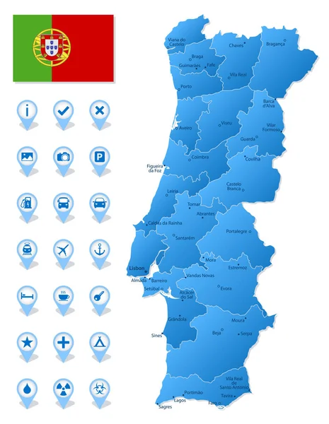 Голубая Карта Административного Деления Португалии Туристической Инфографикой Векторная Иллюстрация — стоковый вектор