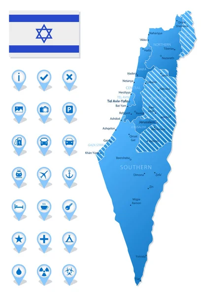 Mappa Blu Delle Divisioni Amministrative Israele Con Icone Infografiche Viaggio — Vettoriale Stock