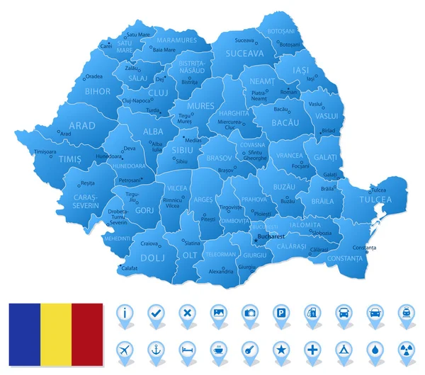 Mapa Azul Rumania Bania Divisiones Administrativas Con Iconos Infografía Viajes — Archivo Imágenes Vectoriales