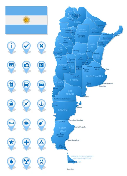 Blauwe Kaart Van Argentinië Administratieve Afdelingen Met Reizen Infographic Pictogrammen — Stockvector