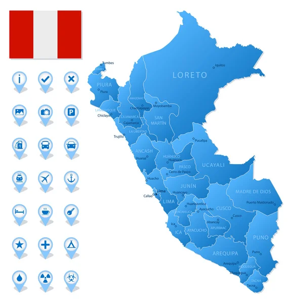 Mapa Azul Las Divisiones Administrativas Del Perú Con Iconos Infografía — Archivo Imágenes Vectoriales