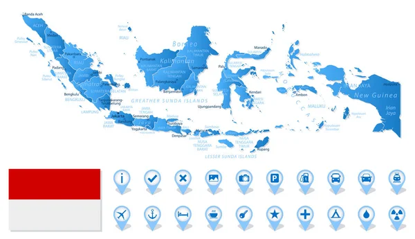 Peta Biru Pembagian Administratif Indonesia Dengan Ikon Infografis Perjalanan Ilustrasi - Stok Vektor