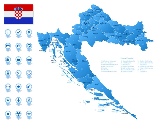 Modrá Mapa Správních Divizí Chorvatska Turistickými Informačními Ikonami Vektorová Ilustrace — Stockový vektor