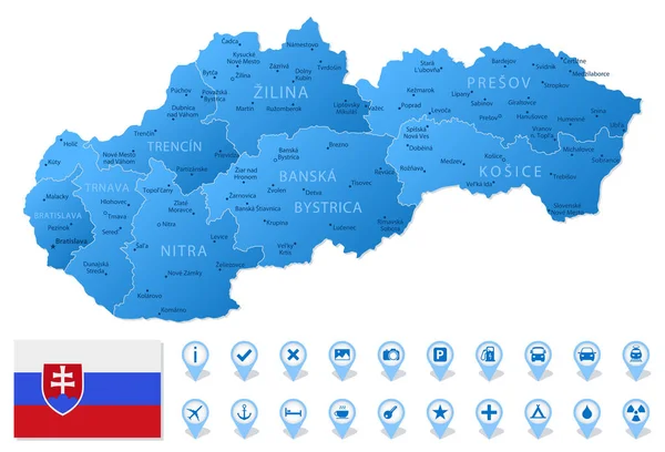 Mapa Azul Eslovaquia Divisiones Administrativas Con Iconos Infografía Viajes Ilustración — Archivo Imágenes Vectoriales