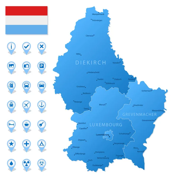 Mapa Azul Luxemburgo Divisiones Administrativas Con Iconos Infografía Viajes Ilustración — Vector de stock