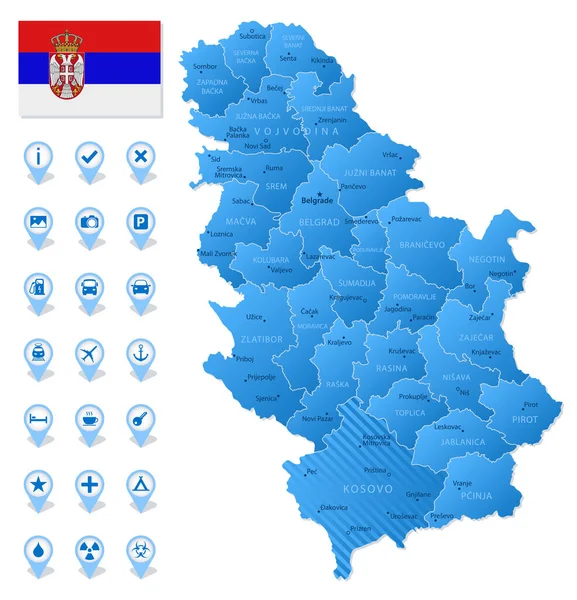 Mapa Azul Serbia Divisiones Administrativas Con Iconos Infografía Viajes Ilustración — Vector de stock