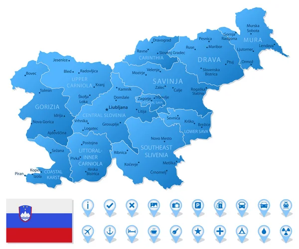 Modrá Mapa Správních Divizí Slovinska Turistickými Informačními Ikonami Vektorová Ilustrace — Stockový vektor