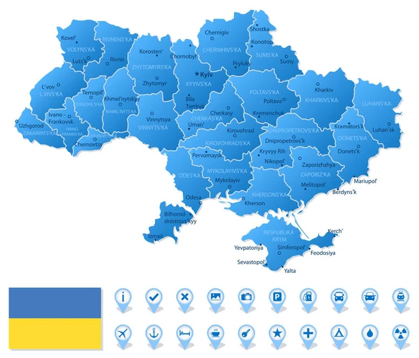 Modrá Mapa Ukrajinských Správních Divizí Turistickými Informačními Ikonami Vektorová Ilustrace — Stockový vektor