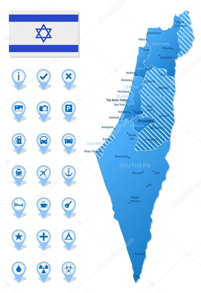 Blue map of Israel administrative divisions with travel infographic icons. Vector illustration