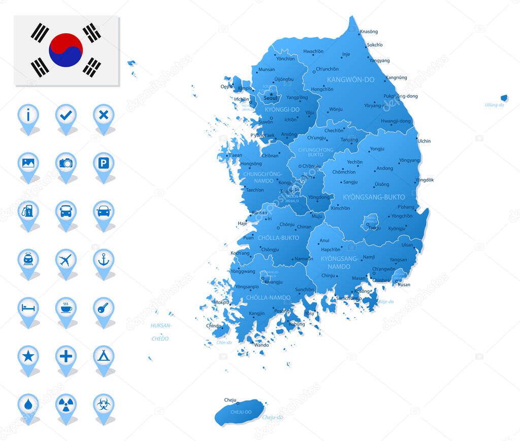 Blue map of South Korea administrative divisions with travel infographic icons. Vector illustration