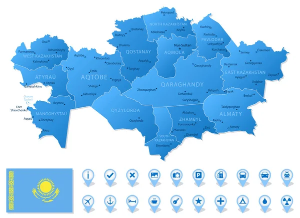 Mapa Azul Las Divisiones Administrativas Kazajstán Con Iconos Infografía Viajes — Archivo Imágenes Vectoriales