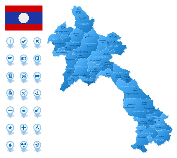 Mapa Azul Las Divisiones Administrativas Laos Con Iconos Infografía Viajes — Vector de stock