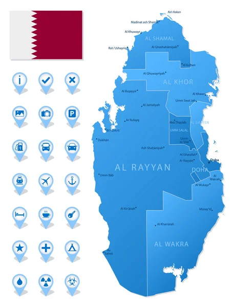 カタールの行政区画の青い地図旅行のインフォグラフィックアイコン ベクターイラスト — ストックベクタ