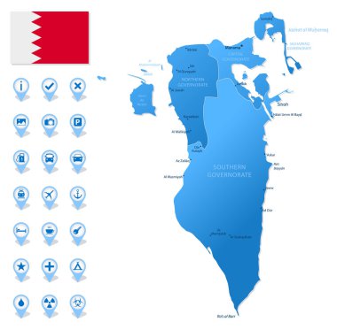 Seyahat bilgi simgeleriyle Bahreyn idari bölümlerinin mavi haritası. Vektör illüstrasyonu