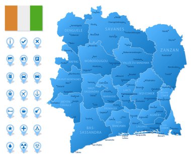 Blue map of Ivory Coast administrative divisions with travel infographic icons. Vector illustration clipart