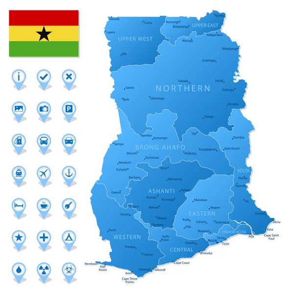 Mappa Blu Delle Divisioni Amministrative Del Ghana Con Icone Infografiche — Vettoriale Stock