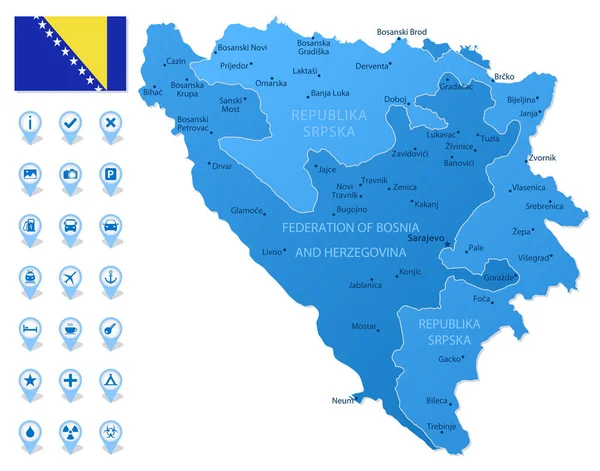 Mapa Azul Las Divisiones Administrativas Bosnia Herzegovina Con Iconos Infografía — Archivo Imágenes Vectoriales