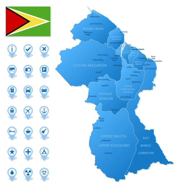 Mapa Azul Guyana Divisiones Administrativas Con Iconos Infografía Viajes Ilustración — Vector de stock