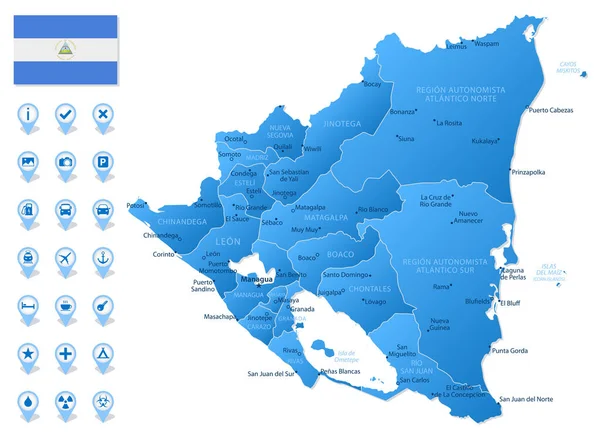 Mapa Azul Nicaragua Divisiones Administrativas Con Iconos Infografía Viajes Ilustración — Archivo Imágenes Vectoriales