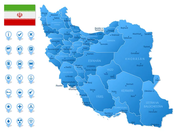 Modrá Mapa Íránských Administrativních Divizí Turistickými Informačními Ikonami Vektorová Ilustrace — Stockový vektor