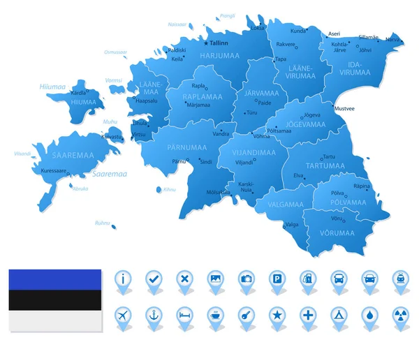 Észtország Kék Térképe Utazási Infografikai Ikonokkal Ellátott Közigazgatási Egységek Vektorillusztráció — Stock Vector