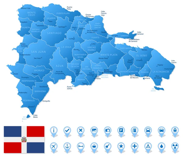 Mapa Azul República Dominicana Divisiones Administrativas Con Iconos Infografía Viajes — Vector de stock