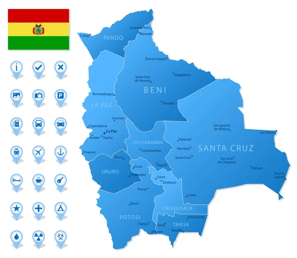 Mapa Azul Las Divisiones Administrativas Bolivia Con Iconos Infografía Viajes — Vector de stock