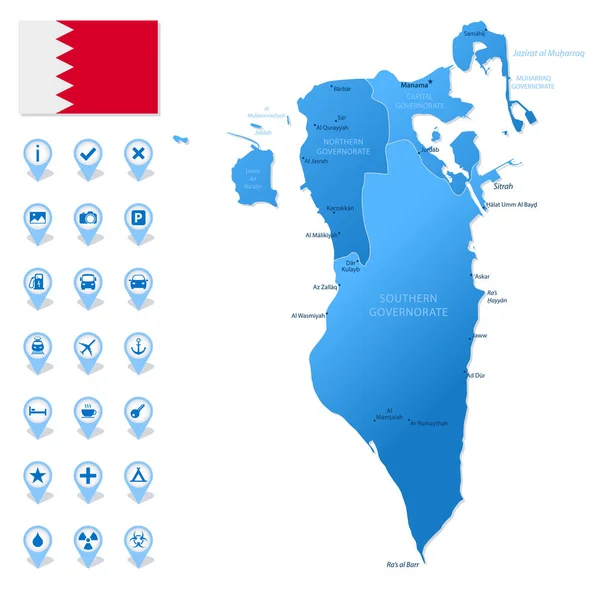 旅行のインフォグラフィックアイコンとバーレーン行政区の青地図 ベクターイラスト — ストックベクタ