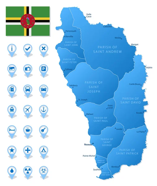 Mapa Azul Dominica Divisiones Administrativas Con Iconos Infografía Viajes Ilustración — Archivo Imágenes Vectoriales
