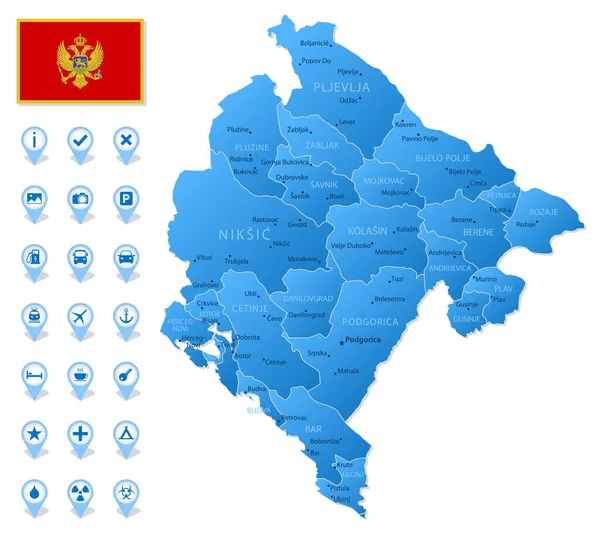 Mapa Azul Das Divisões Administrativas Montenegro Com Ícones Infográficos Viagem — Vetor de Stock