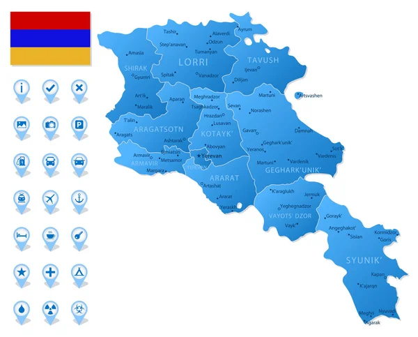 Mapa Azul Armenia Divisiones Administrativas Con Iconos Infografía Viajes Ilustración — Vector de stock